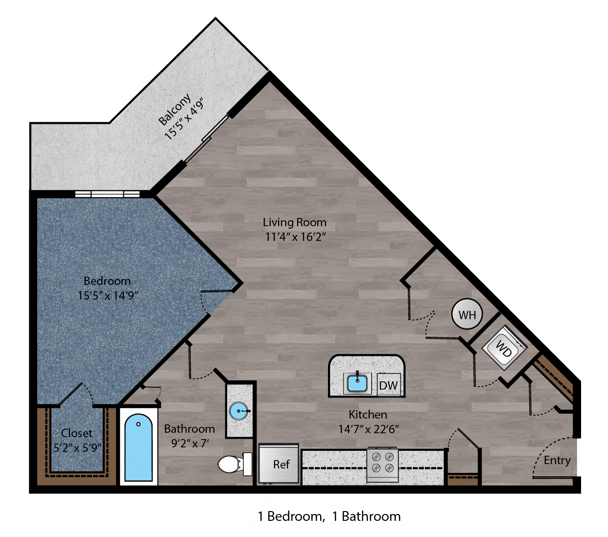 Floor plan for 1 bed, 1 bath, 777 sqft
